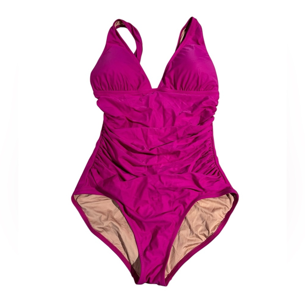 J. Crew Ruched V-neck One Piece Swimsuit Radiant Fuchsia Pink 12 or 20 Swim